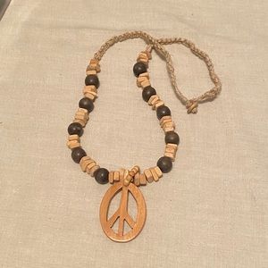 Handmade real wood & hemp string necklace. Peace sign wooden pendant. Unisex.